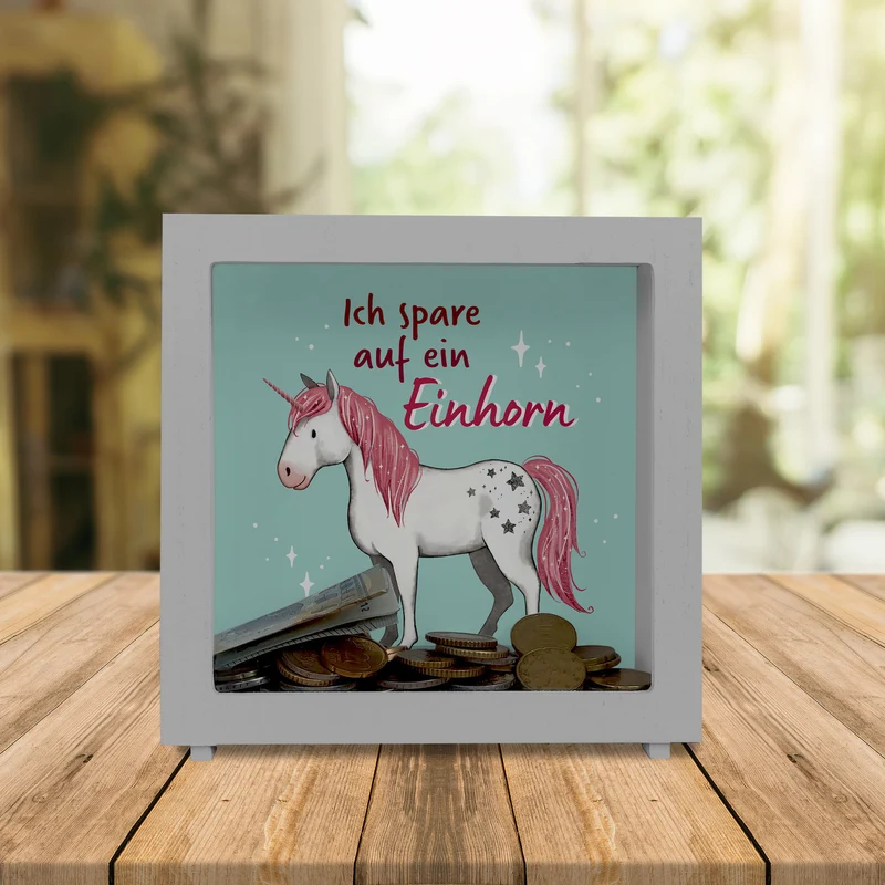 Einhorn Spardose in mintgrün mit Spruch Ich spare auf ein Einhorn