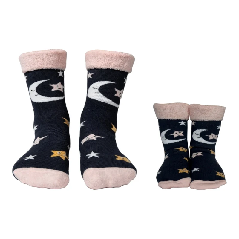 Mond und Sterne Socken Cucamelon Kuschelsocken für Mama und Kind in 38-40 & 1-4 Jahre (2 Paare)