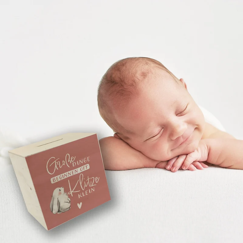 Baby Hase Spardose mit Spruch Große Dinge beginnen oft Klitzeklein