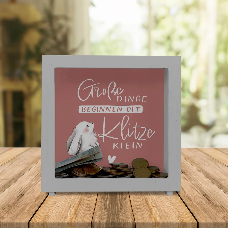 Baby Hase Spardose mit Spruch Große Dinge beginnen oft Klitzeklein