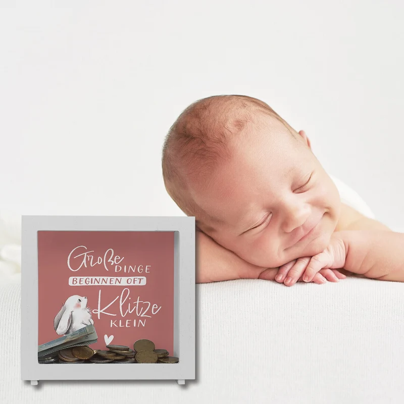 Baby Hase Spardose mit Spruch Große Dinge beginnen oft Klitzeklein