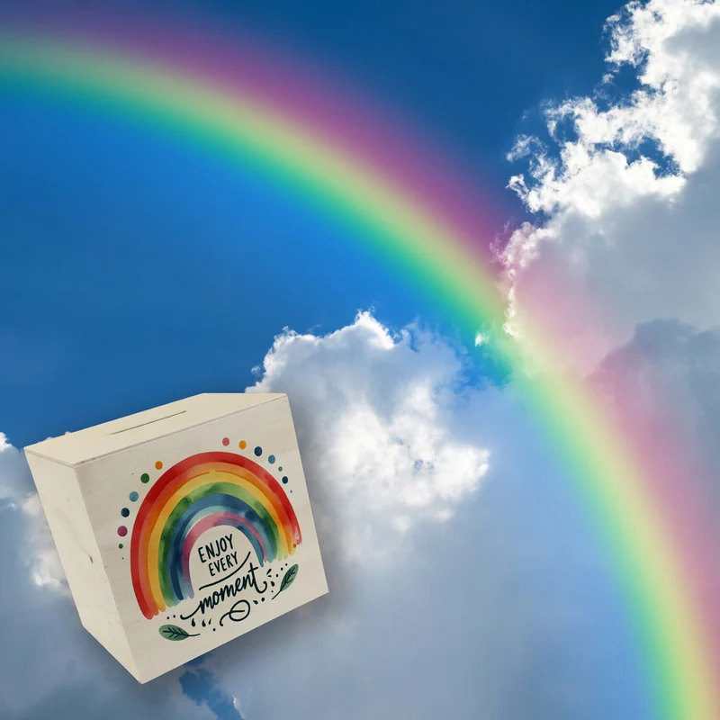 Regenbogen Spardose mit Spruch Enjoy every moment