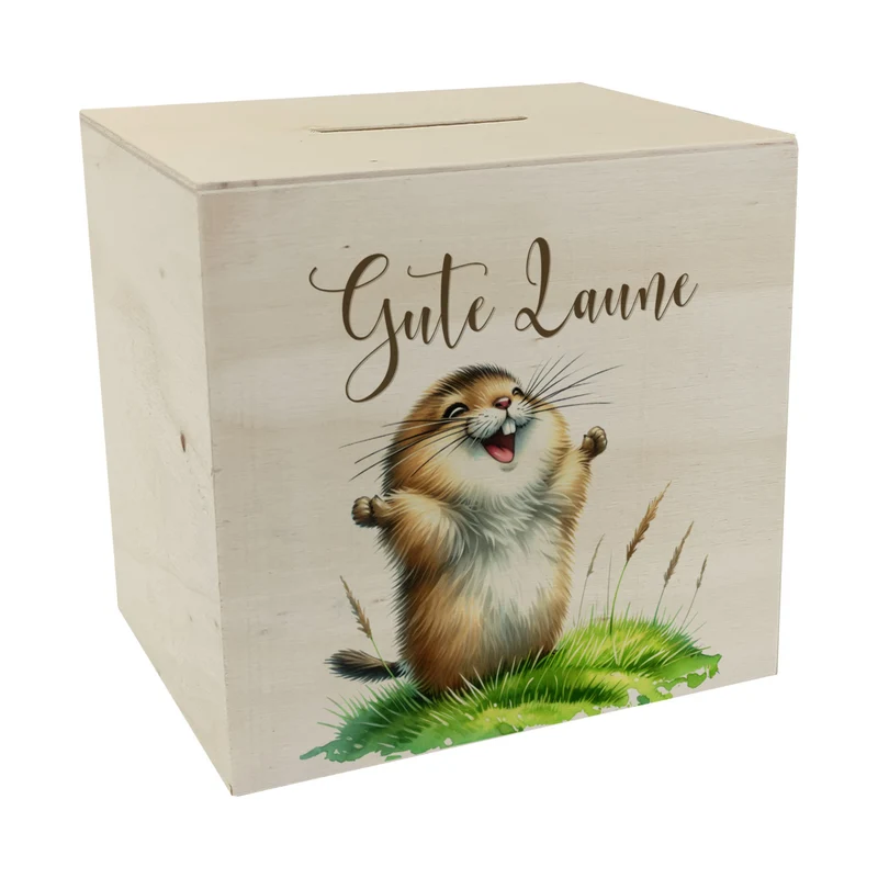 jubelnder Lemming Spardose mit Spruch Gute Laune