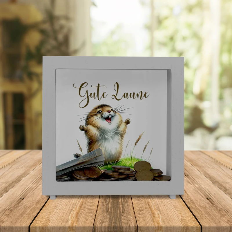 jubelnder Lemming Spardose mit Spruch Gute Laune