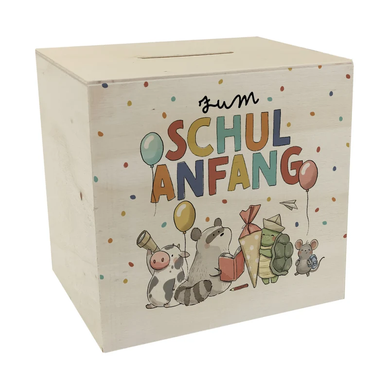 Tiere zur Einschulung Spardose mit Spruch Zum Schulanfang