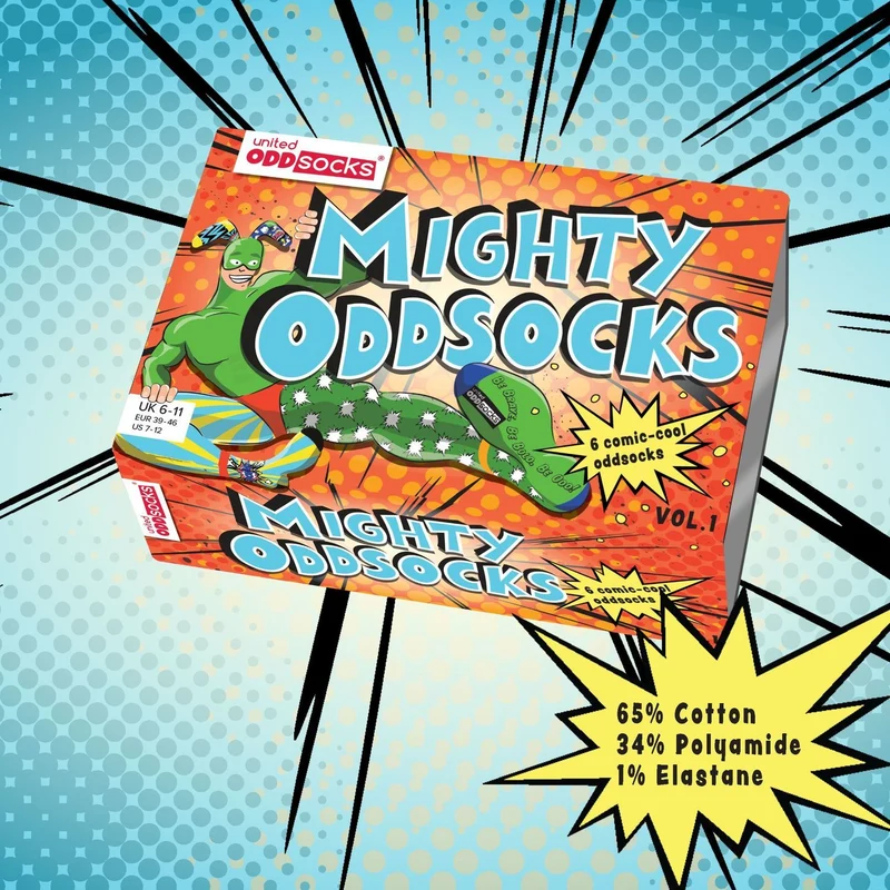 Verrückte Superhelden Comic Oddsocks Socken in 39-46 im 6er Set