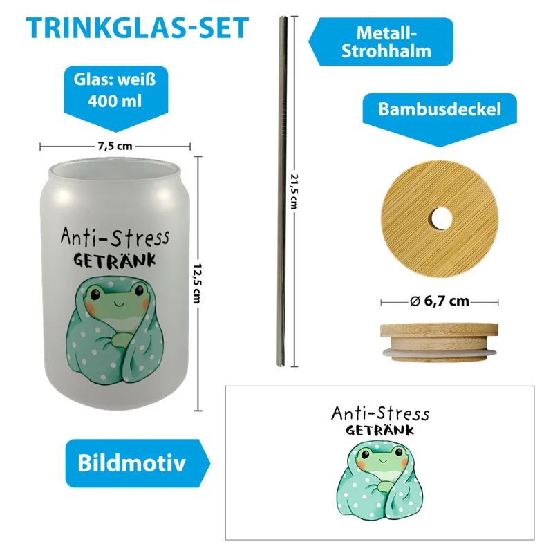 Frosch in blauer Decke Trinkglas mit Bambusdeckel mit Spruch Anti-Stress Getränk