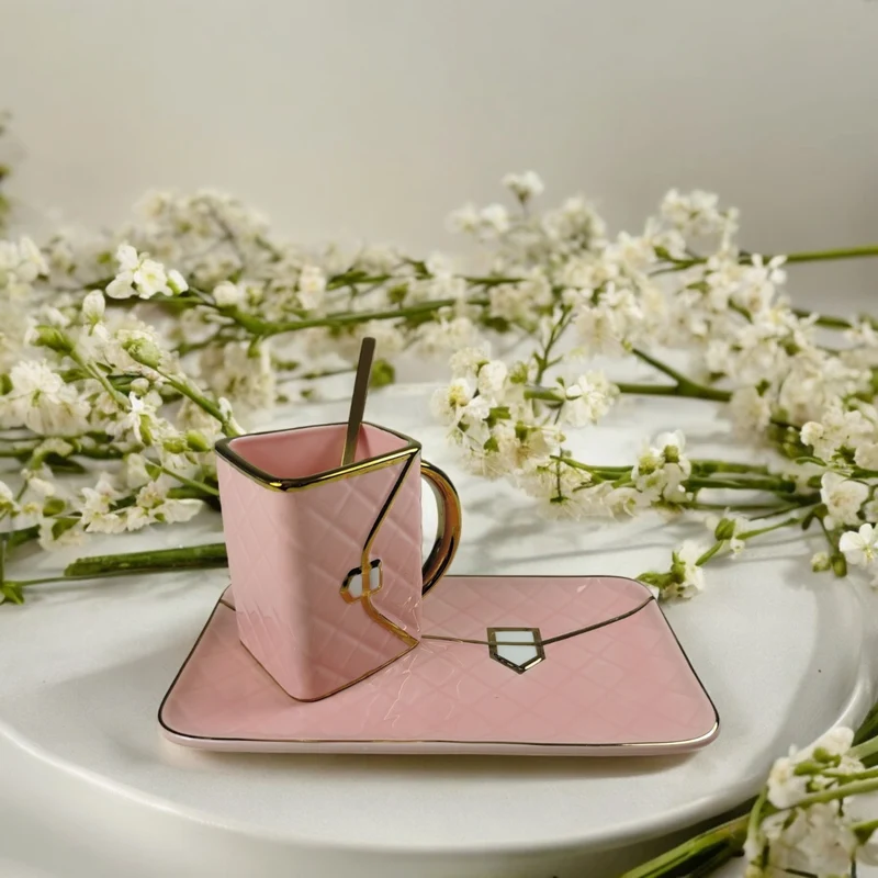 Shopping Bag Kaffeebecher Set Handtasche Tasse mit Löffel und Untertasse in Pink