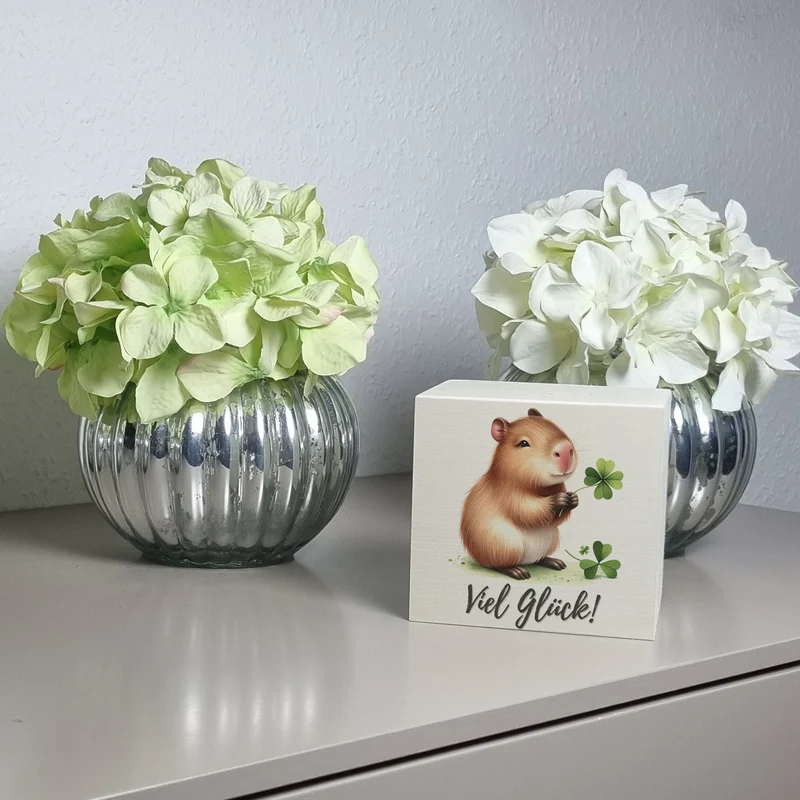 Capybara mit Kleeblatt Spardose mit Spruch Viel Glück