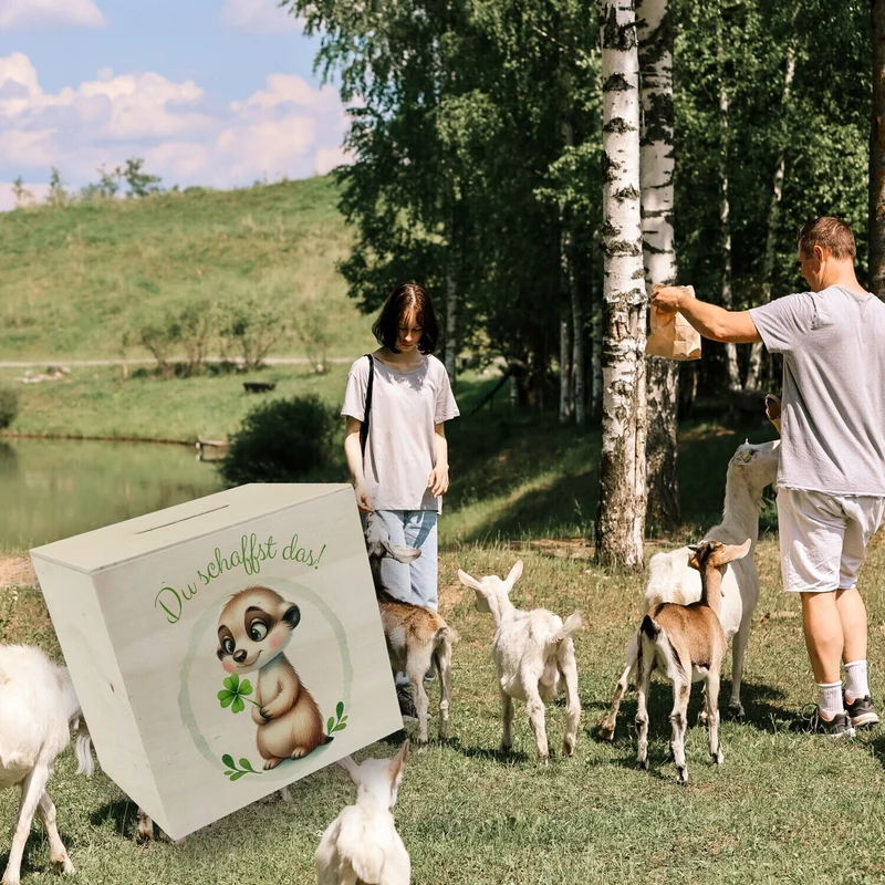Erdmännchen mit Kleeblatt Spardose mit Spruch Du schaffst das