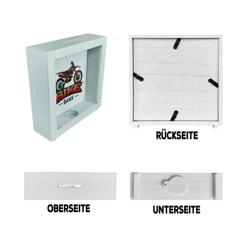 Motocross-Motorrad Spardose mit Spruch Bike Bank