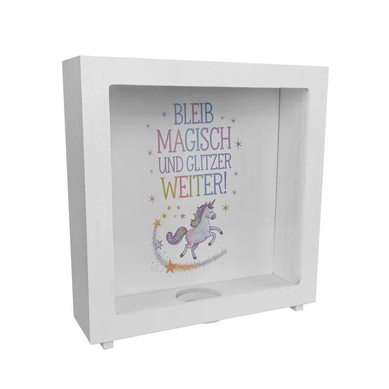 Einhorn mit Regenbogenmähne Spardose Bleib magisch, glitzer weiter
