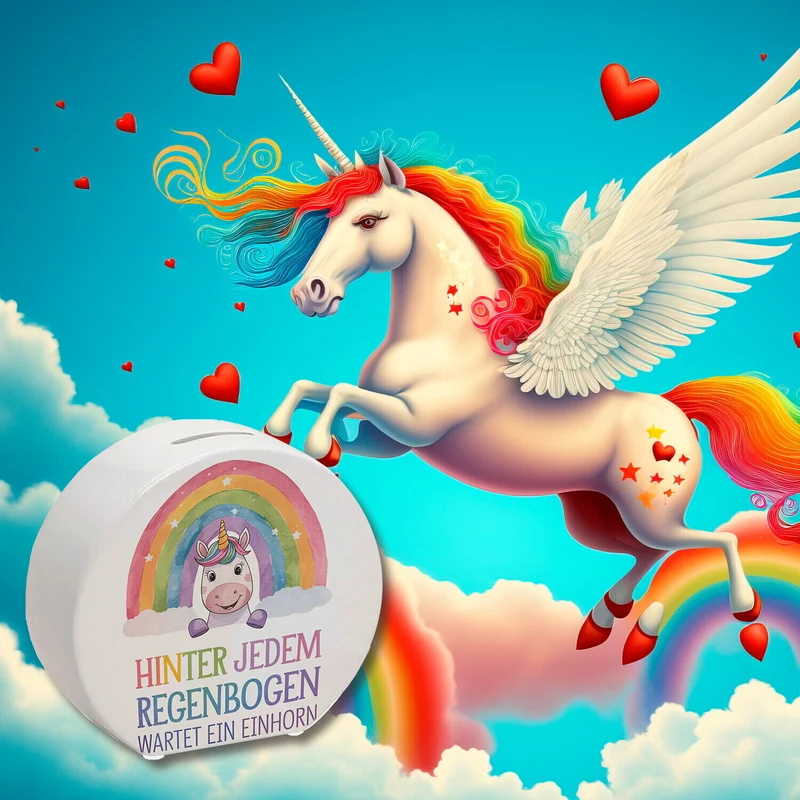 Lächelndes Einhorn Spardose Hinter jedem Regenbogen
