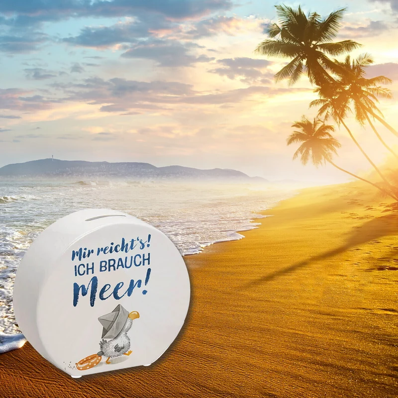 Möwe mit Schwimmreifen Spardose mit Spruch Mir reicht‘s ich brauch Meer