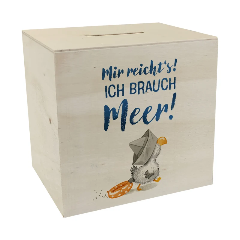 Möwe mit Schwimmreifen Spardose mit Spruch Mir reicht‘s ich brauch Meer
