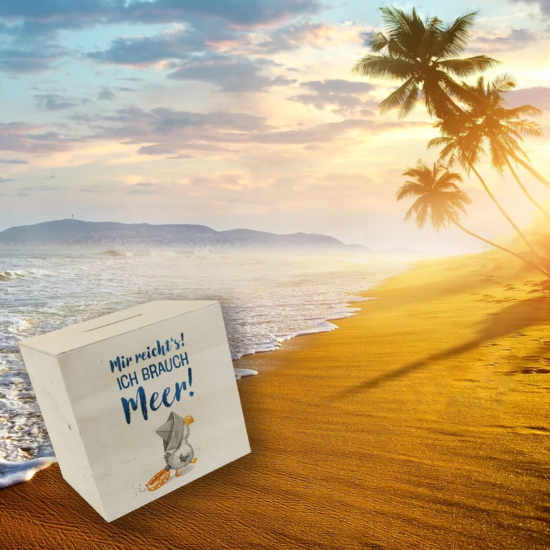 Möwe mit Schwimmreifen Spardose mit Spruch Mir reicht‘s ich brauch Meer