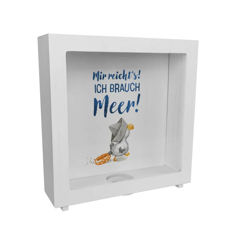 Möwe mit Schwimmreifen Spardose mit Spruch Mir reicht‘s ich brauch Meer