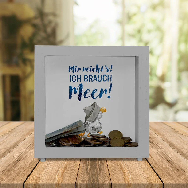 Möwe mit Schwimmreifen Spardose mit Spruch Mir reicht‘s ich brauch Meer
