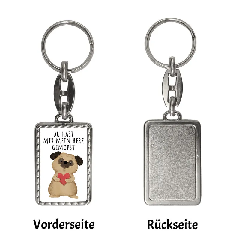 Mops mit Herz Schlüsselanhänger mit Spruch Du hast mir mein Herz gemopst