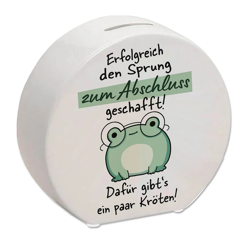 Frosch mit Brille Spardose mit Spruch Abschluss geschafft - dafür Kröten