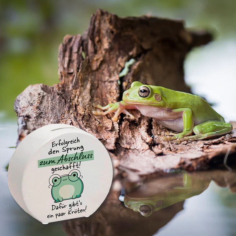 Frosch mit Brille Spardose mit Spruch Abschluss geschafft - dafür Kröten