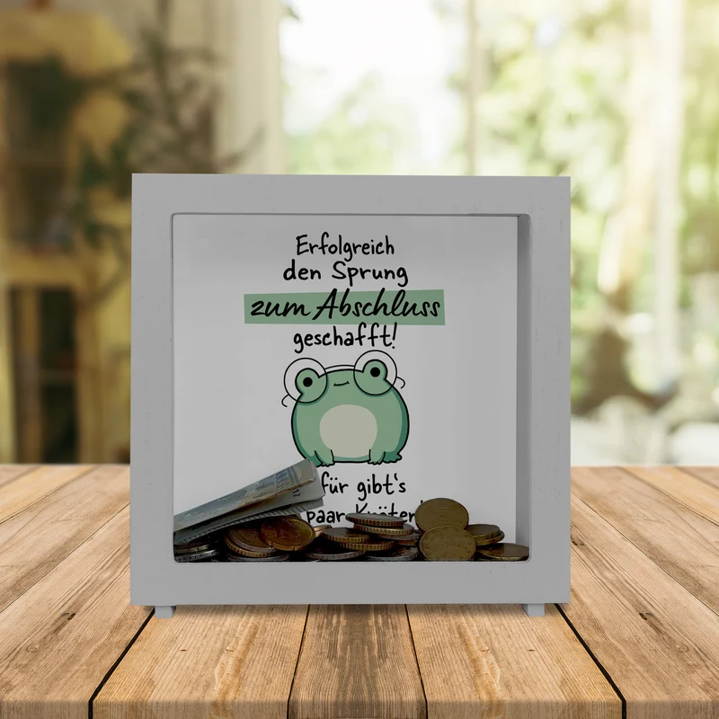 Frosch mit Brille Spardose mit Spruch Abschluss geschafft - dafür Kröten