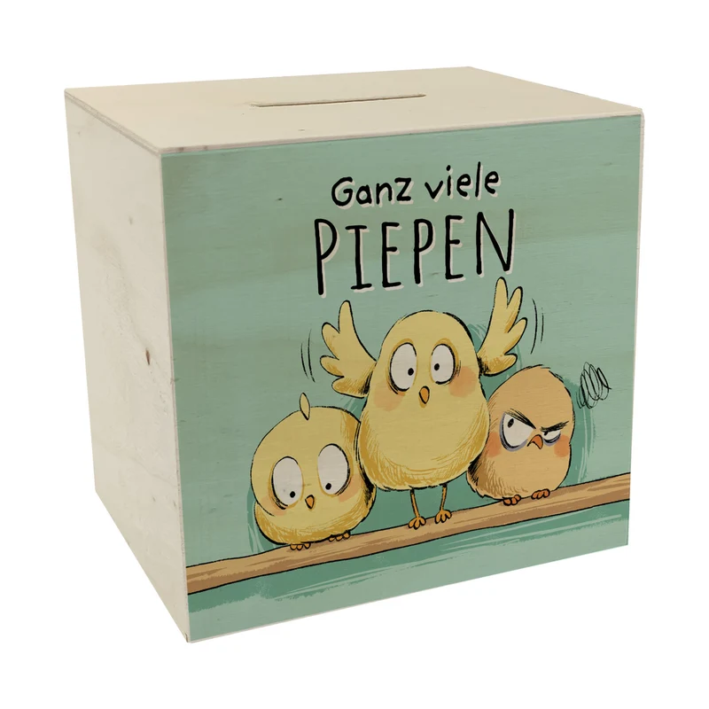 Küken Spardose mit Spruch Ganz viele Piepen