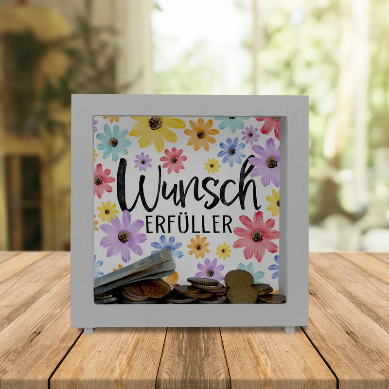 Blumen Spardose mit Spruch Wunscherfüller