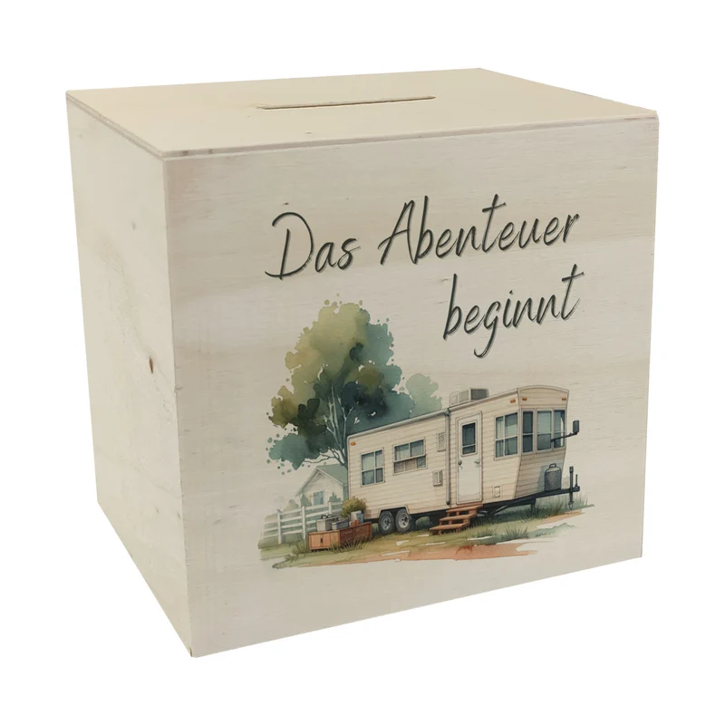 Abenteuer Wohnwagen Spardose mit Spruch Das Abenteuer beginnt