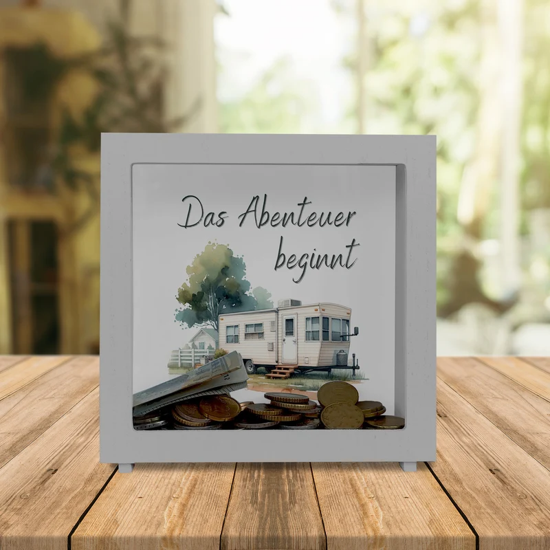 Abenteuer Wohnwagen Spardose mit Spruch Das Abenteuer beginnt
