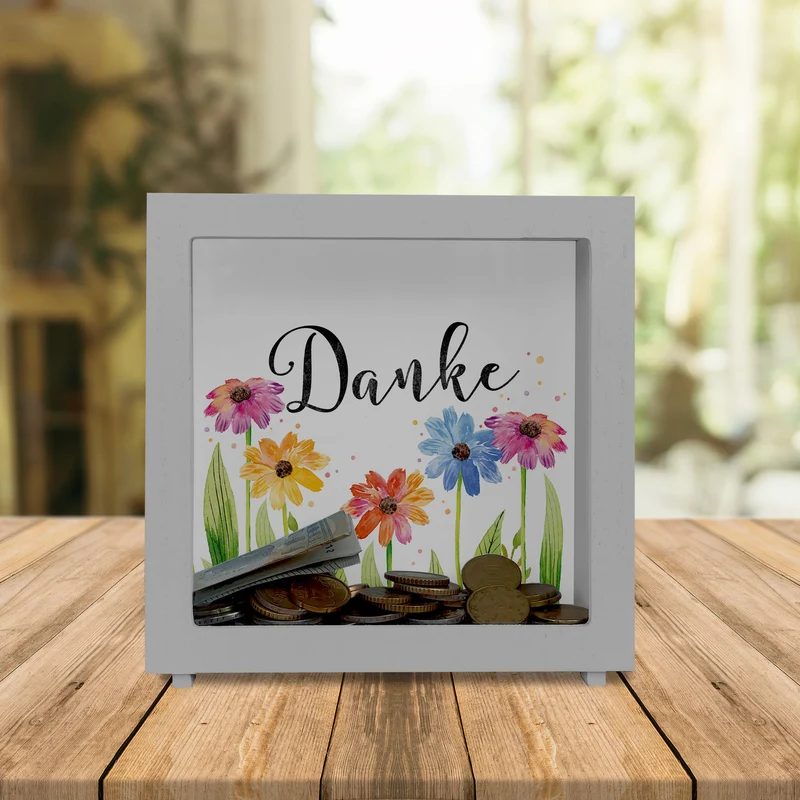 Blumen Spardose mit Spruch Danke