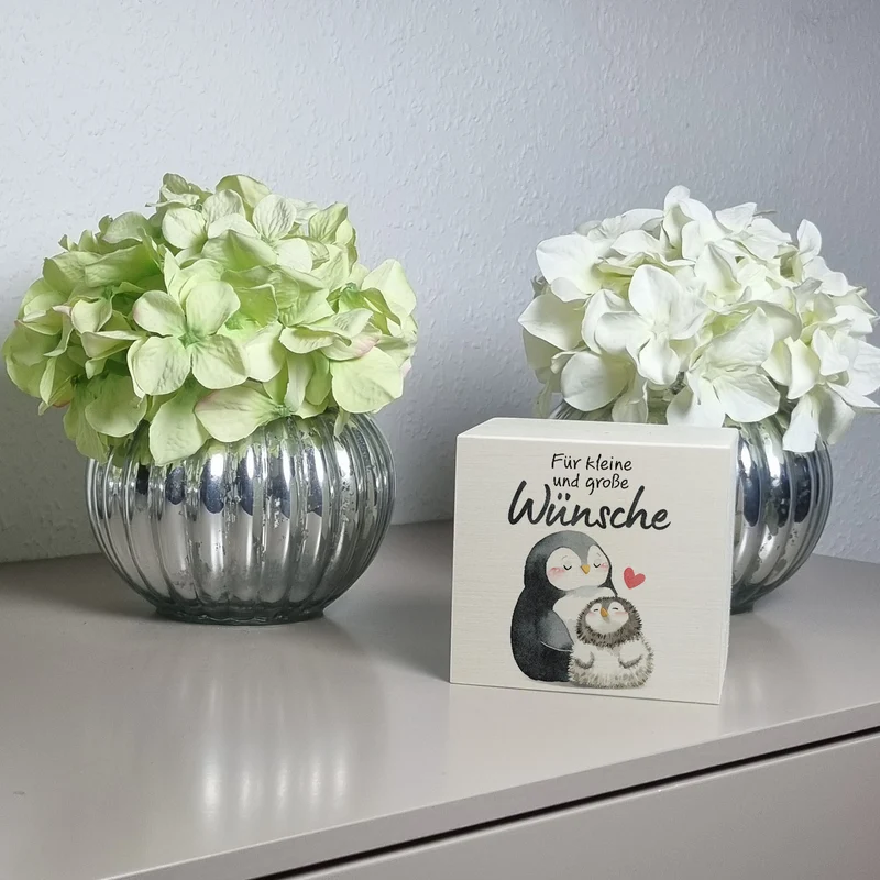 Pinguin Mutter und Kind Spardose mit Spruch Für kleine und große Wünsche