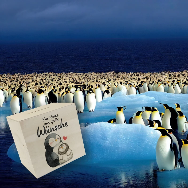 Pinguin Mutter und Kind Spardose mit Spruch Für kleine und große Wünsche