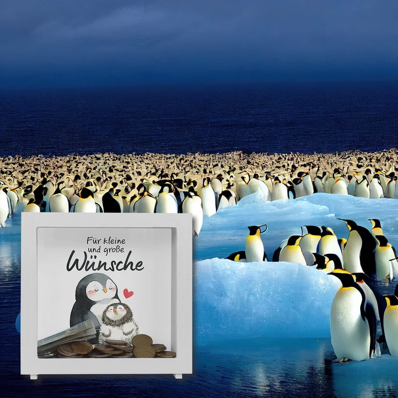Pinguin Mutter und Kind Spardose mit Spruch Für kleine und große Wünsche