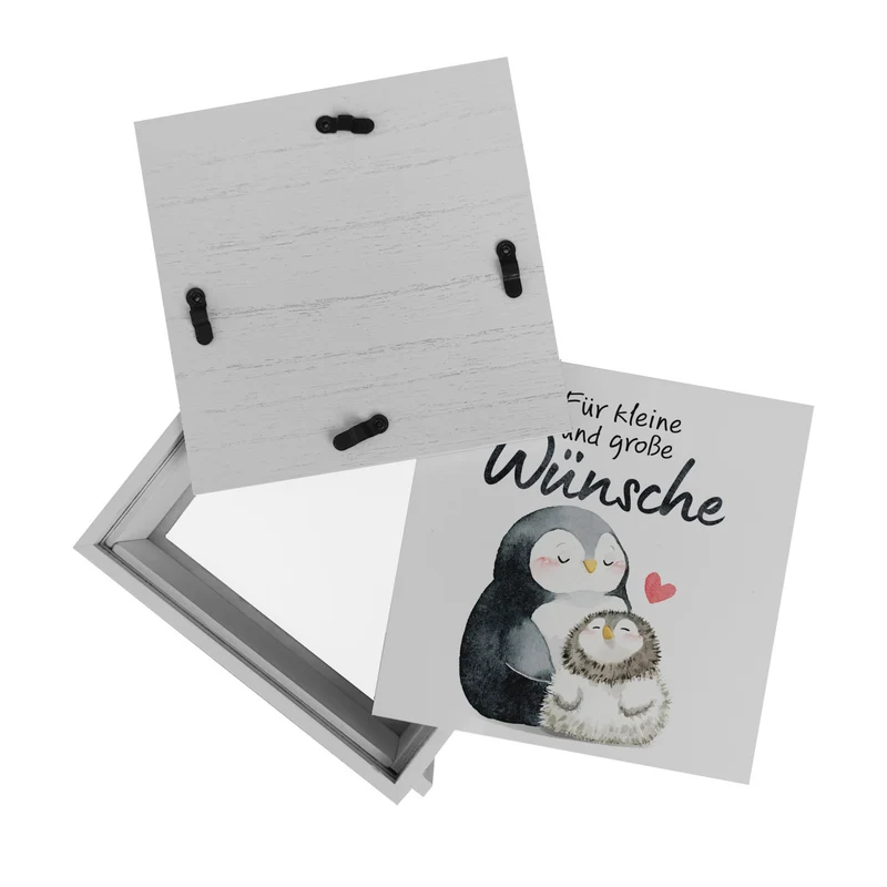 Pinguin Mutter und Kind Spardose mit Spruch Für kleine und große Wünsche