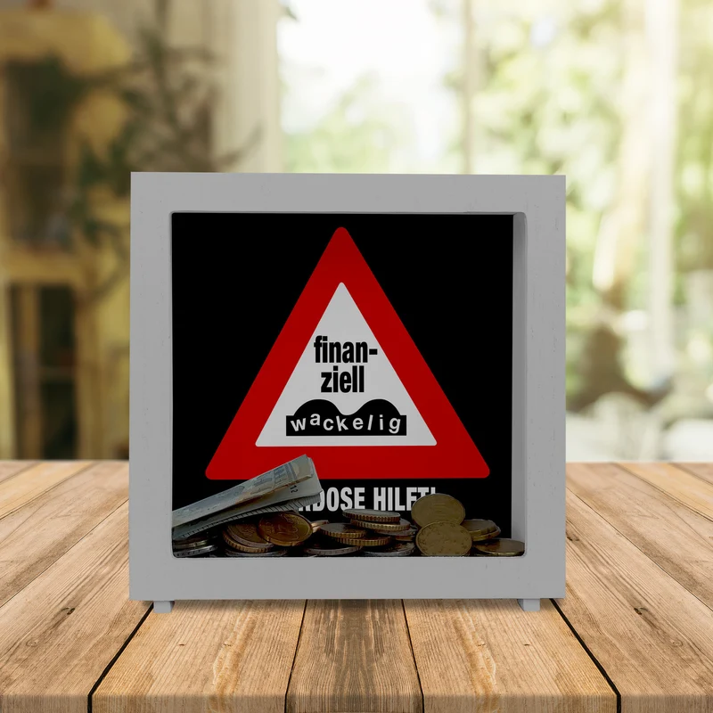 Straßenschild Spardose mit Spruch Finanziell wackelig - Spardose hilft!