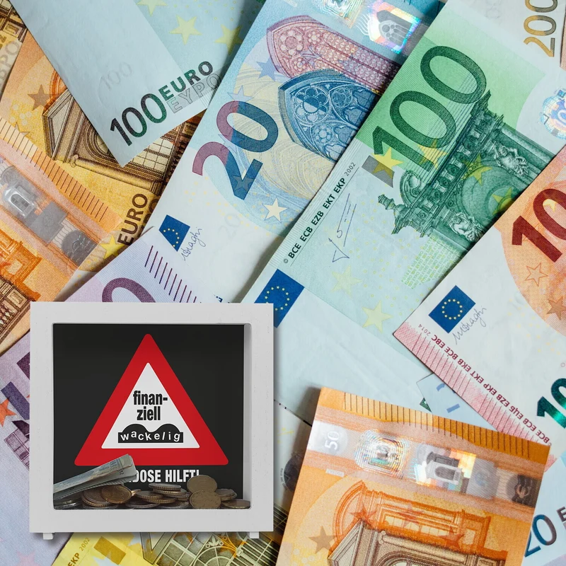 Straßenschild Spardose mit Spruch Finanziell wackelig - Spardose hilft!