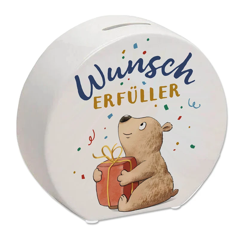 Bär mit Geschenk Spardose mit Spruch Wunscherfüller
