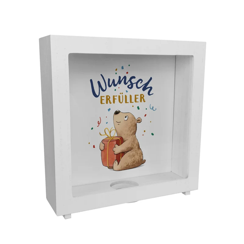 Bär mit Geschenk Spardose mit Spruch Wunscherfüller