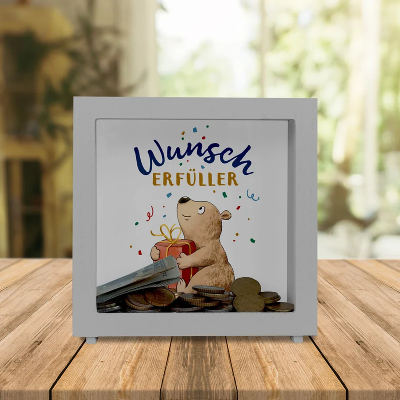 Bär mit Geschenk Spardose mit Spruch Wunscherfüller