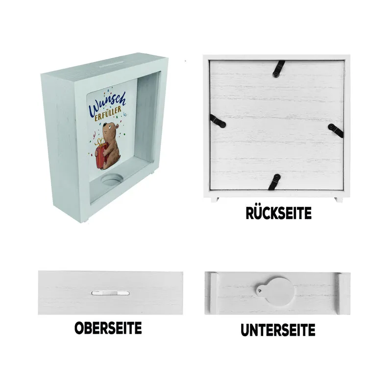 Bär mit Geschenk Spardose mit Spruch Wunscherfüller