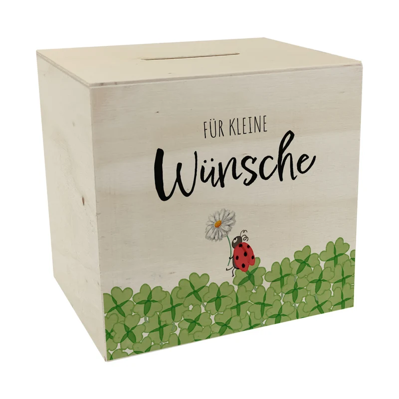 Marienkäfer im Kleefeld Spardose mit Spruch Für kleine Wünsche