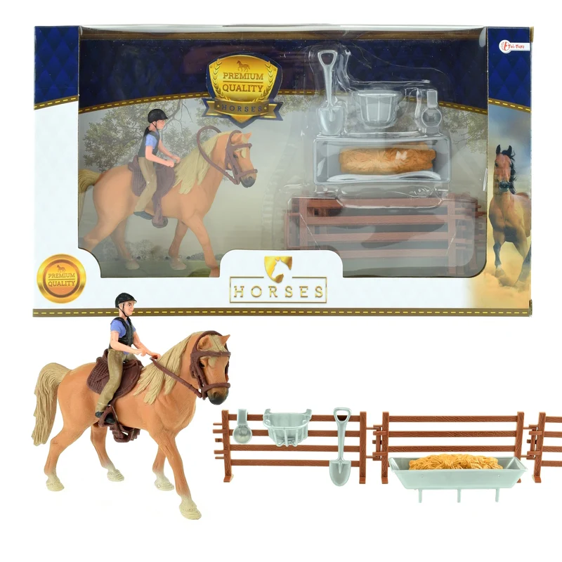 Spielzeug Pferd und Reiter Set mit Zäunen, Fresstrog und Zubehör
