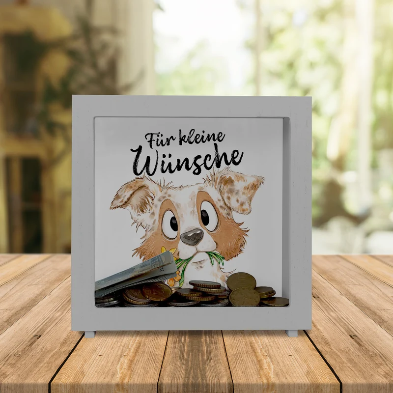 Hund Spardose mit Spruch Für kleine Wünsche