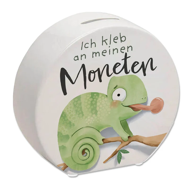 Chamäleon Spardose mit Spruch Ich kleb an meinen Moneten