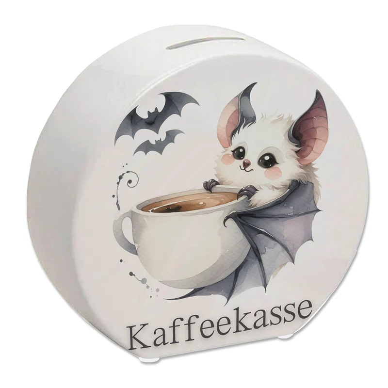 niedliche Fledermaus mit Kaffeetasse Spardose mit Spruch Kaffeekasse