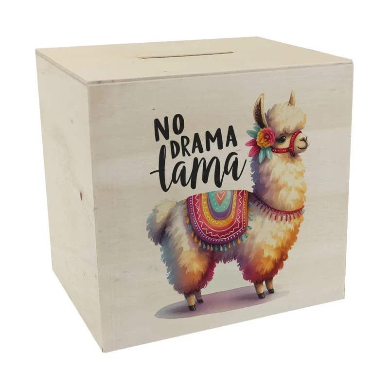 Alpaka mit bunter Satteldecke Spardose mit Spruch No Drama Lama