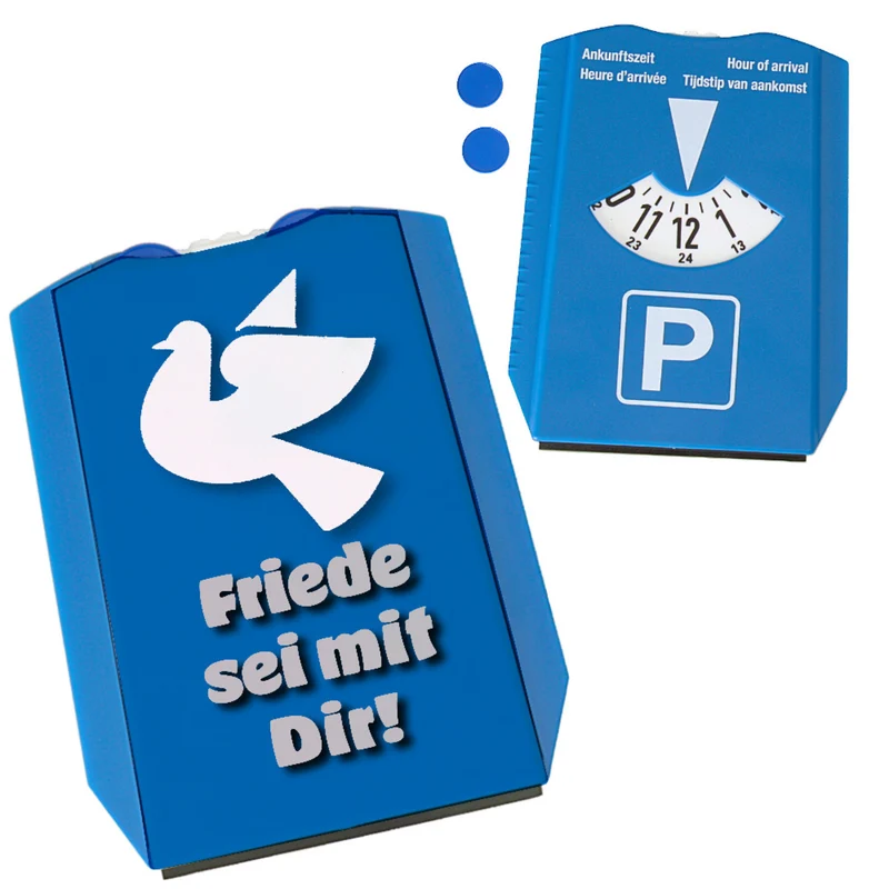 Friendstaube Parkscheibe in blau mit Spruch Friede sei mit Dir