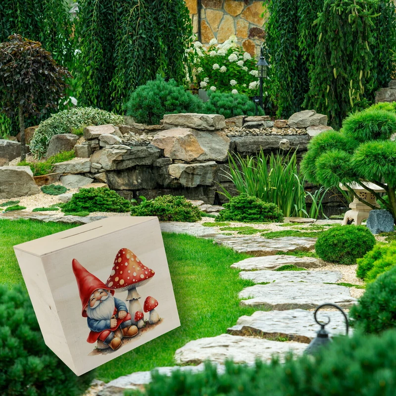 Gartenzwerg mit Fliegenpilz Spardose