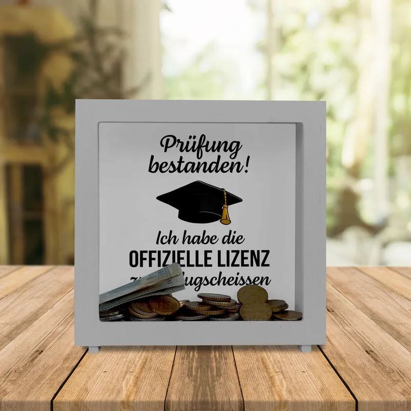 Prüfung bestanden Doktorhut Spardose mit Spruch Lizenz zum Klugscheißen